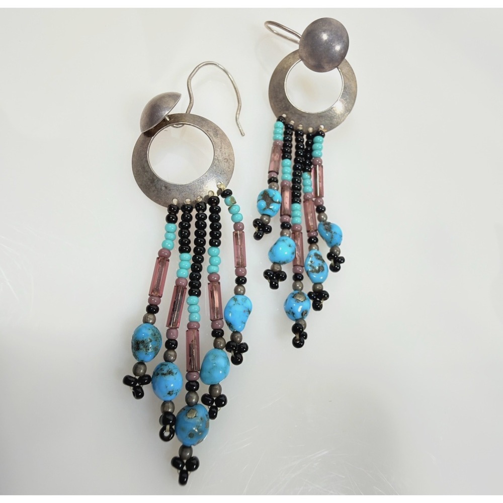 Vintage Sterling Silver Turquoise Beaded Dangle Earrings Southwestern Boho 3"